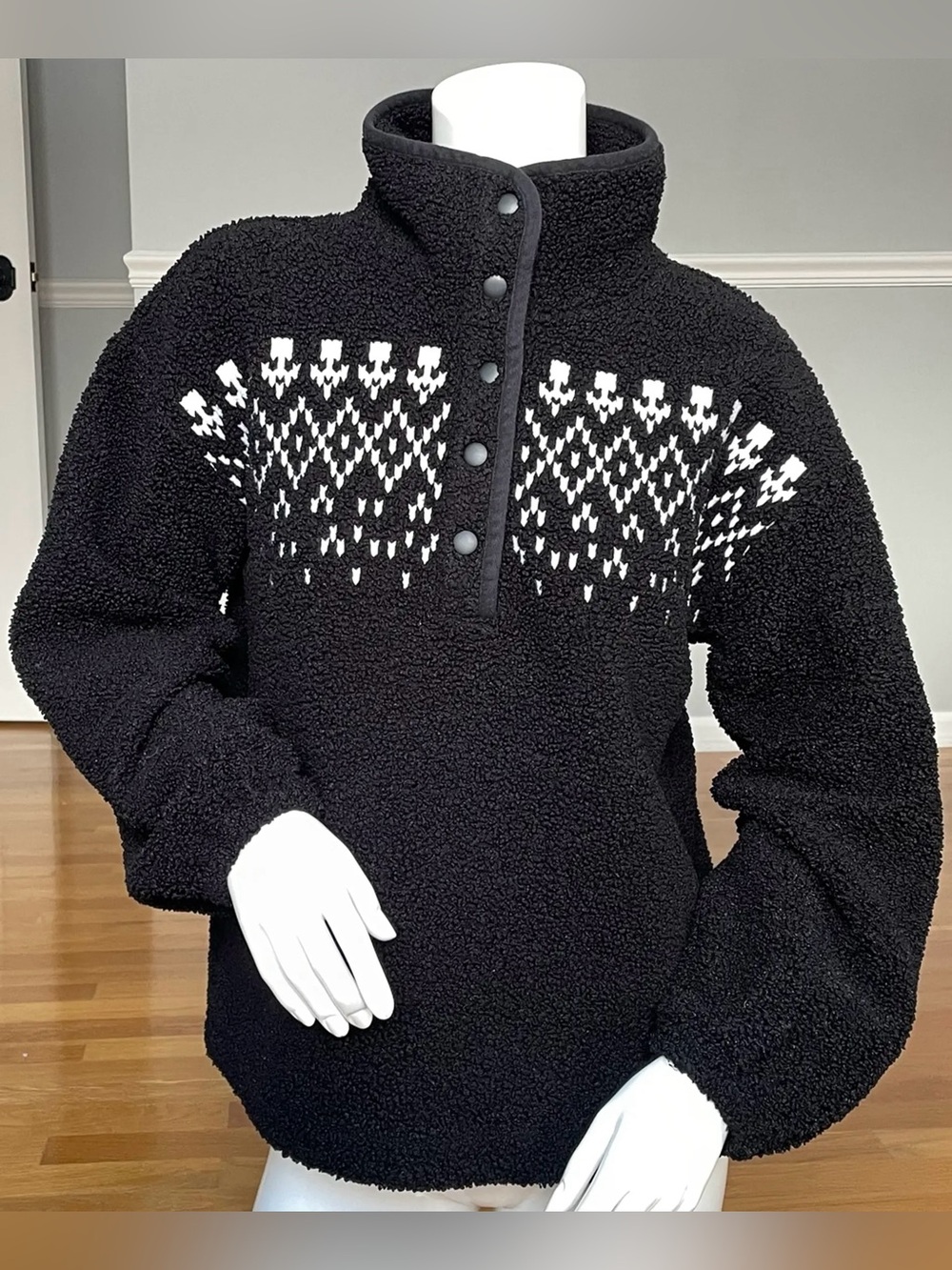 Cozy Fair Isle Sherpa Snap Collar Pullover Sweatshirt - L